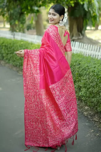 Pink handloom raw silk blend ethnic partywear saree