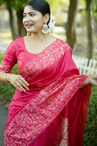 Pink handloom raw silk blend ethnic partywear saree