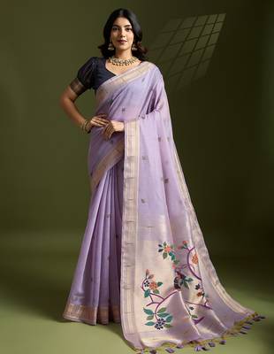 lavender paithani weaving muga cotton ethnic partywear saree 1
