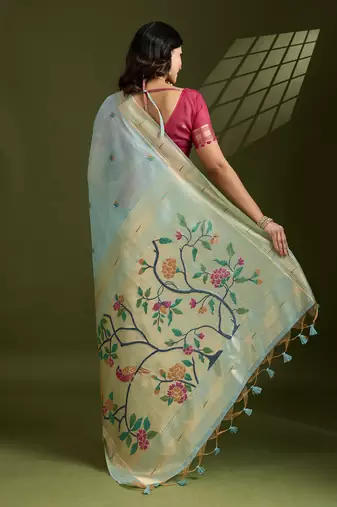 sky blue paithani weaving muga cotton ethnic partywear saree