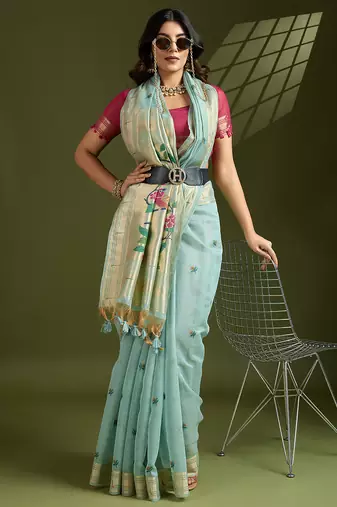 sky blue paithani weaving muga cotton ethnic partywear saree
