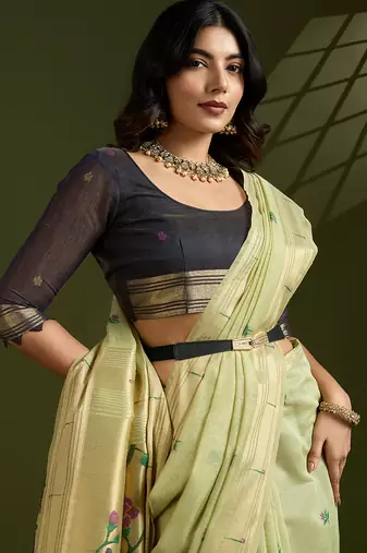green paithani weaving muga cotton ethnic partywear saree