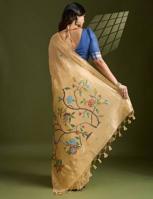 mustard paithani weaving muga cotton ethnic partywear saree 2