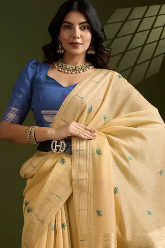 mustard paithani weaving muga cotton ethnic partywear saree