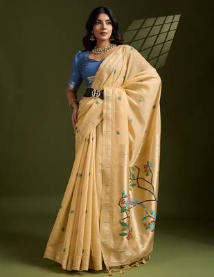 mustard paithani weaving muga cotton ethnic partywear saree 4