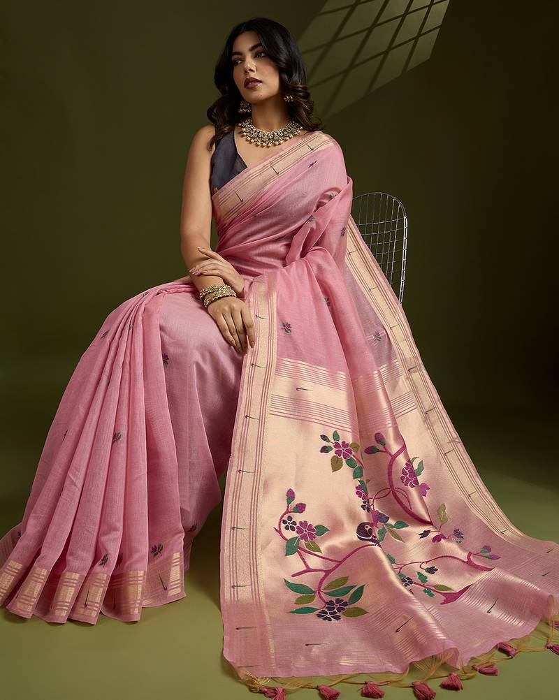 pink color paithani weaving designer muga cotton fabric ethnic partywear saree