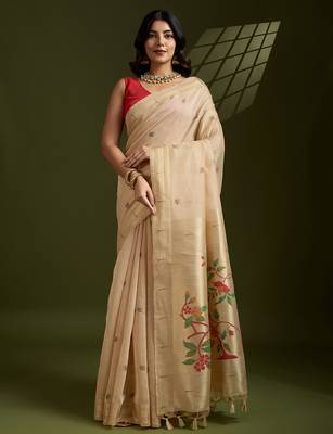 beige paithani weaving muga cotton ethnic partywear saree 1