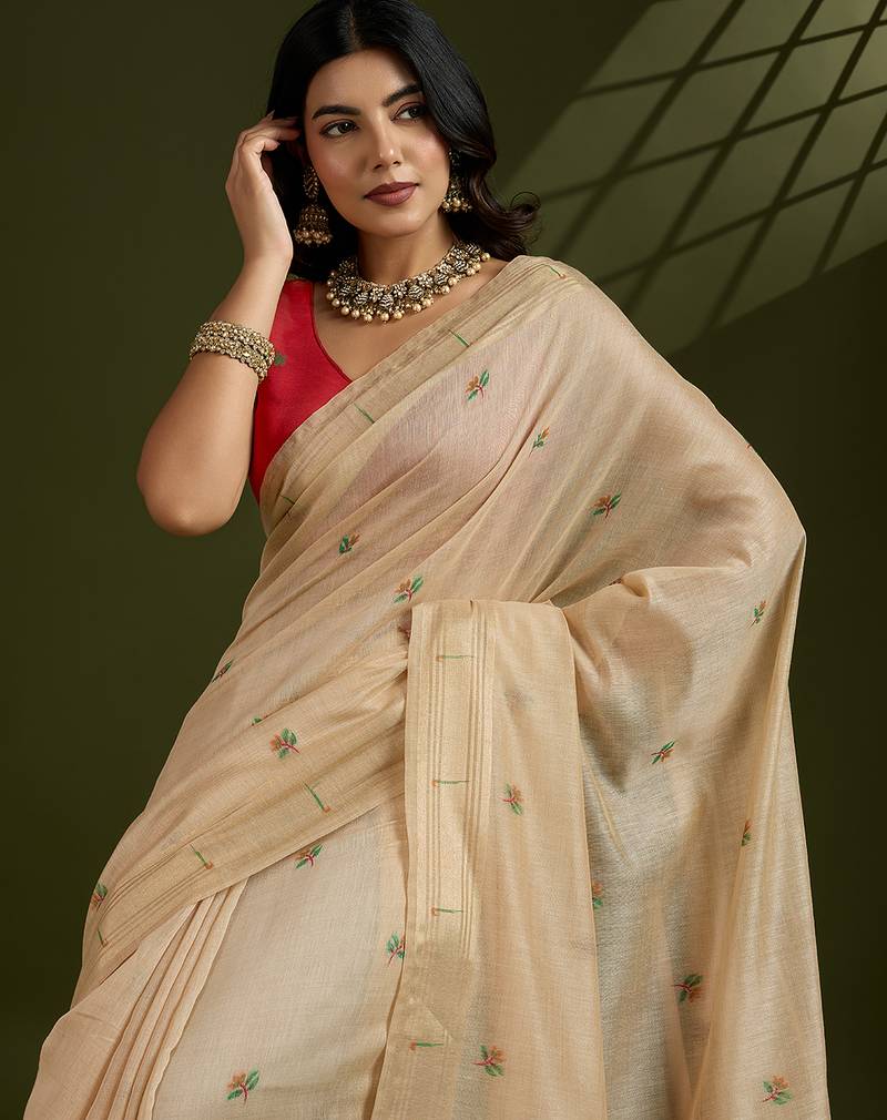 beige color paithani weaving designer muga cotton fabric ethnic partywear saree