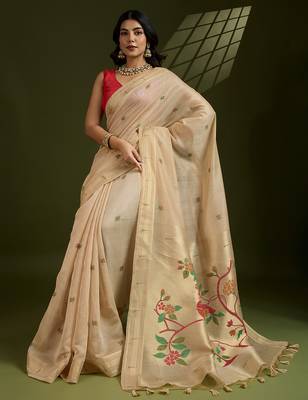 beige paithani weaving muga cotton ethnic partywear saree 4