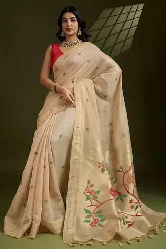 beige paithani weaving muga cotton ethnic partywear saree