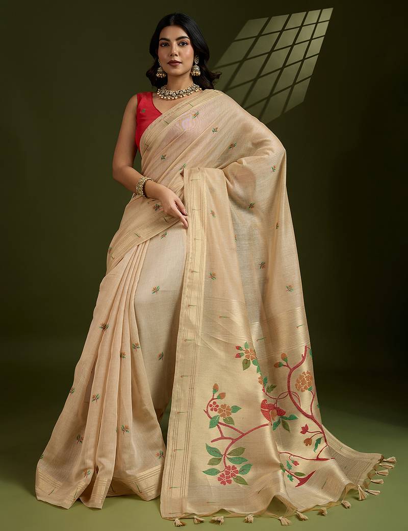 beige color paithani weaving designer muga cotton fabric ethnic partywear saree