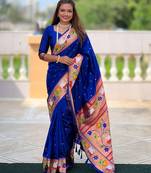 royal blue color paithani silk blend woven meenakari jacquard heavy wedding special saree