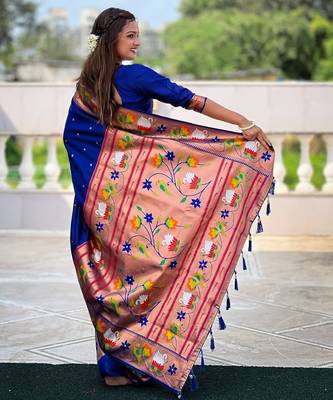 royal blue paithani silk blend woven meenakari jacquard heavy wedding special saree 2