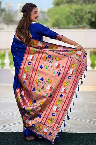 royal blue paithani silk blend woven meenakari jacquard heavy wedding special saree