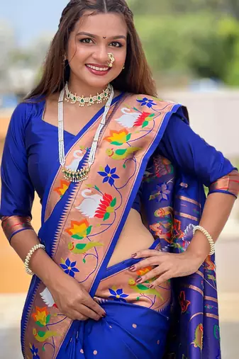 royal blue paithani silk blend woven meenakari jacquard heavy wedding special saree