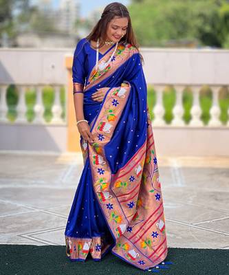 royal blue paithani silk blend woven meenakari jacquard heavy wedding special saree 4
