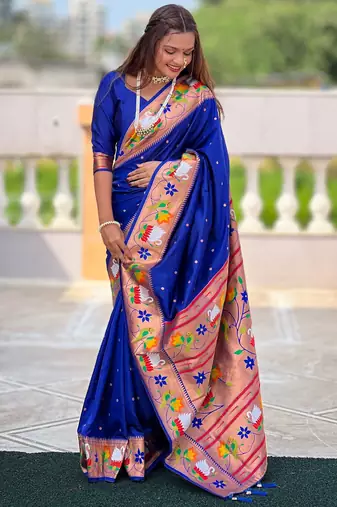 royal blue paithani silk blend woven meenakari jacquard heavy wedding special saree