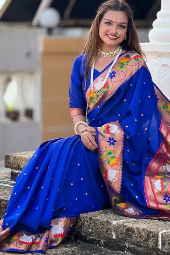 royal blue paithani silk blend woven meenakari jacquard heavy wedding special saree