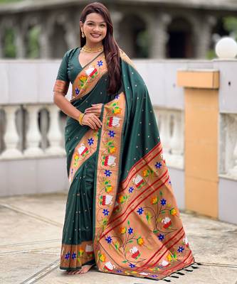 green paithani silk blend woven meenakari jacquard heavy wedding special saree 1