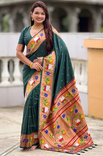 green color paithani silk blend  woven meenakari jacquard designer heavy wedding special saree