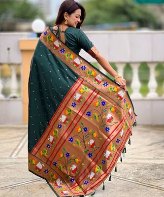 green paithani silk blend woven meenakari jacquard heavy wedding special saree 2