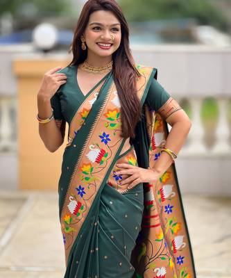 green paithani silk blend woven meenakari jacquard heavy wedding special saree 3