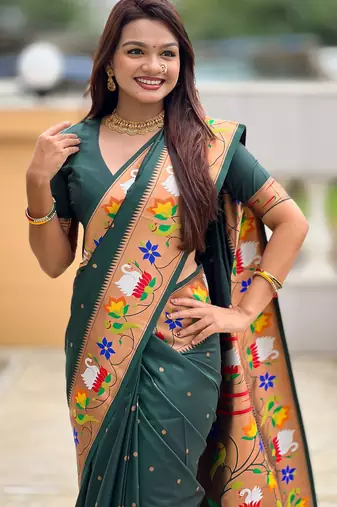 green paithani silk blend woven meenakari jacquard heavy wedding special saree