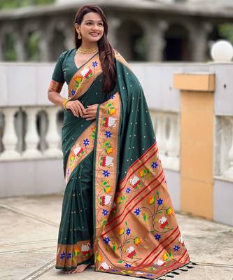 green paithani silk blend woven meenakari jacquard heavy wedding special saree 4