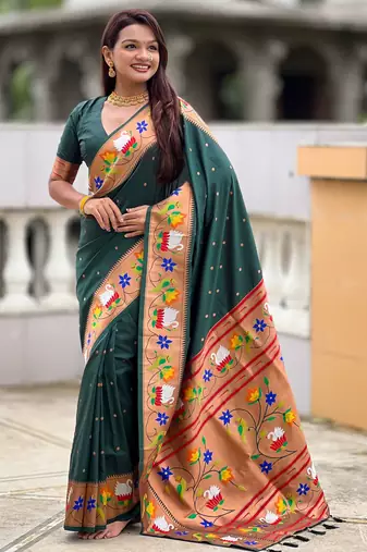 green paithani silk blend woven meenakari jacquard heavy wedding special saree