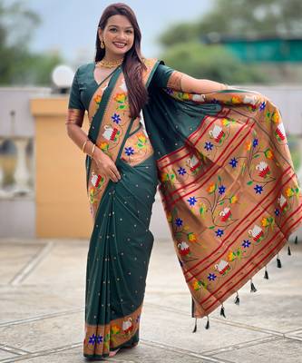 green paithani silk blend woven meenakari jacquard heavy wedding special saree 5