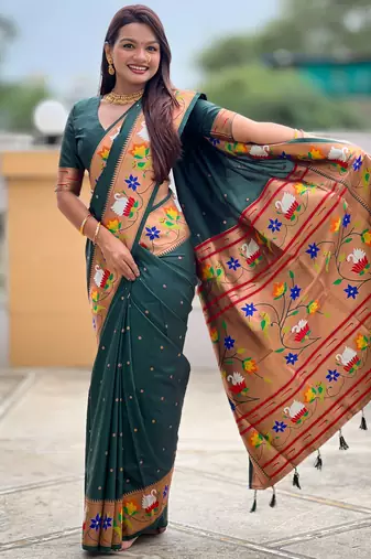 green paithani silk blend woven meenakari jacquard heavy wedding special saree