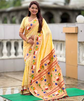 cream paithani silk blend woven meenakari jacquard heavy wedding special saree 1