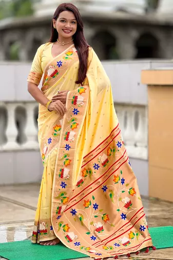 cream color paithani silk blend  woven meenakari jacquard designer heavy wedding special saree