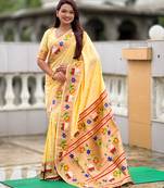 cream paithani silk blend woven meenakari jacquard heavy wedding special saree