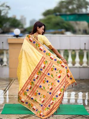 cream paithani silk blend woven meenakari jacquard heavy wedding special saree 2