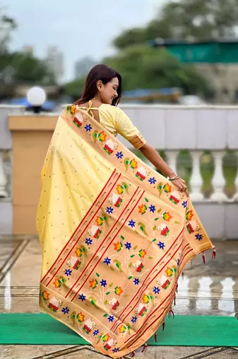 cream paithani silk blend woven meenakari jacquard heavy wedding special saree