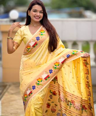 cream paithani silk blend woven meenakari jacquard heavy wedding special saree 3