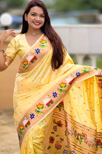 cream paithani silk blend woven meenakari jacquard heavy wedding special saree