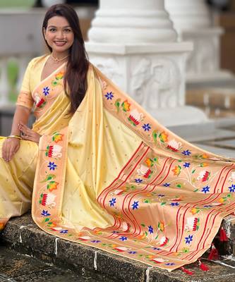 cream paithani silk blend woven meenakari jacquard heavy wedding special saree 5