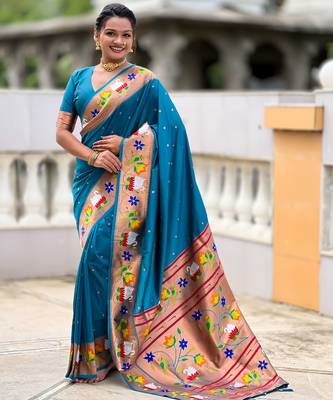 firozi paithani silk blend woven meenakari jacquard heavy wedding special saree 1