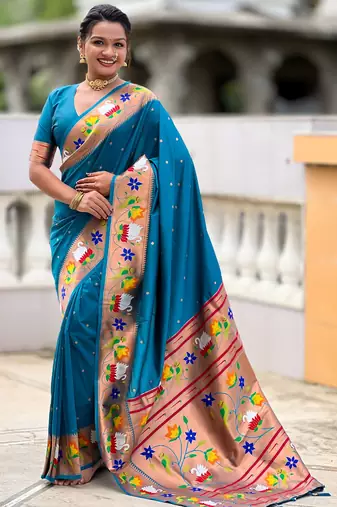 firozi color paithani silk blend  woven meenakari jacquard designer heavy wedding special saree