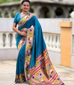 firozi color paithani silk blend woven meenakari jacquard heavy wedding special saree