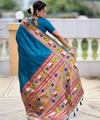 firozi paithani silk blend woven meenakari jacquard heavy wedding special saree 2