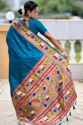 firozi paithani silk blend woven meenakari jacquard heavy wedding special saree