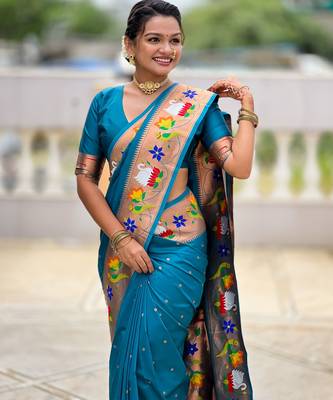 firozi paithani silk blend woven meenakari jacquard heavy wedding special saree 3