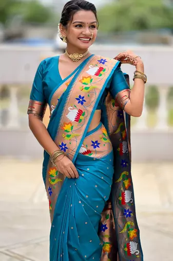 firozi paithani silk blend woven meenakari jacquard heavy wedding special saree