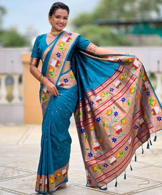 firozi paithani silk blend woven meenakari jacquard heavy wedding special saree 4
