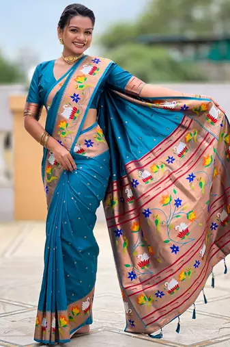 firozi paithani silk blend woven meenakari jacquard heavy wedding special saree
