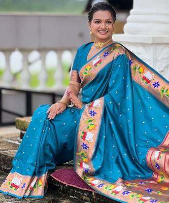 firozi paithani silk blend woven meenakari jacquard heavy wedding special saree 5