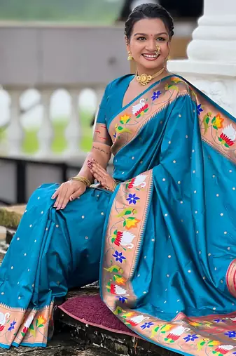 firozi paithani silk blend woven meenakari jacquard heavy wedding special saree